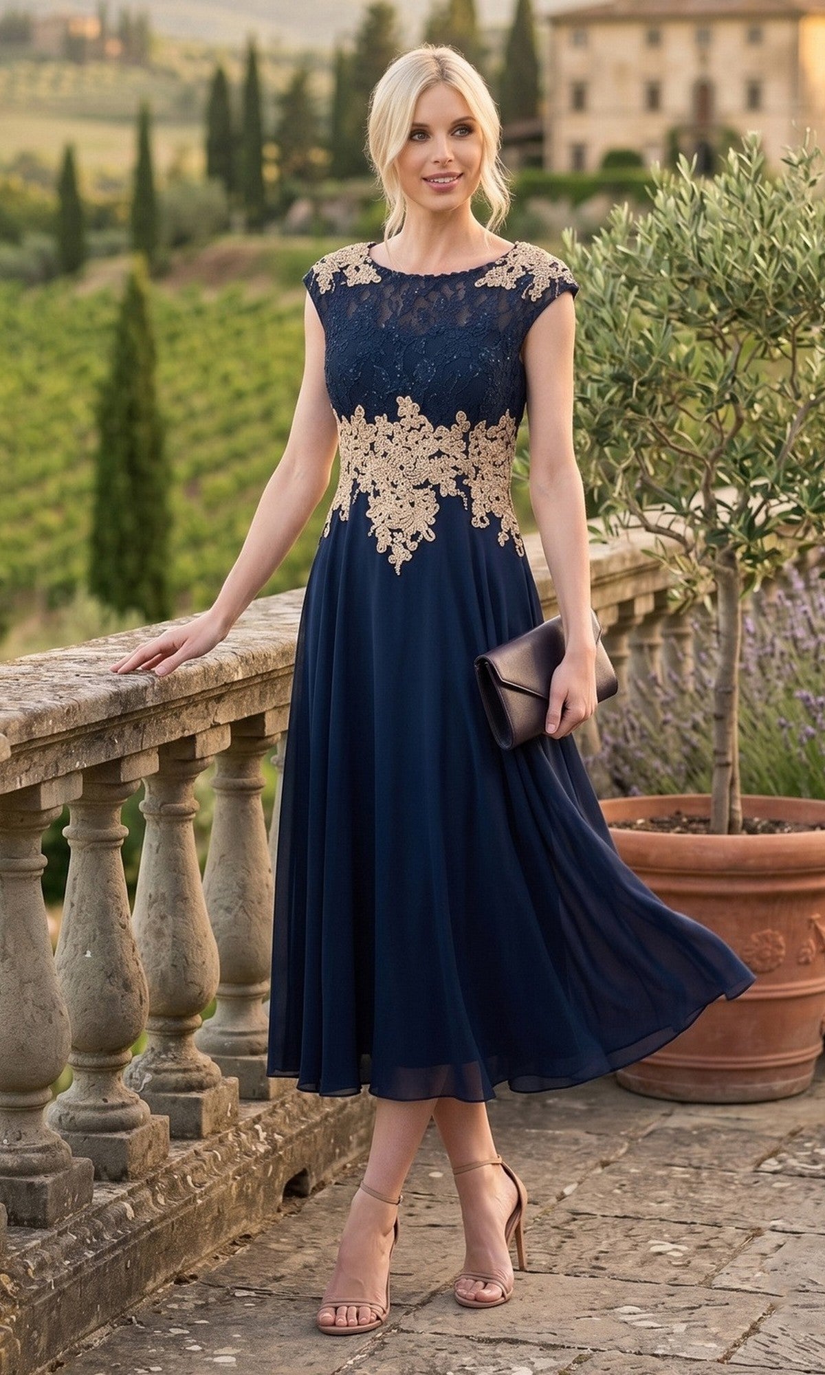 A woman stands outdoors in a navy and gold lace ankle-length Long Formal Dress: Chicas C7542, holding a dark clutch and wearing nude heels, with greenery and a stone railing in the background.